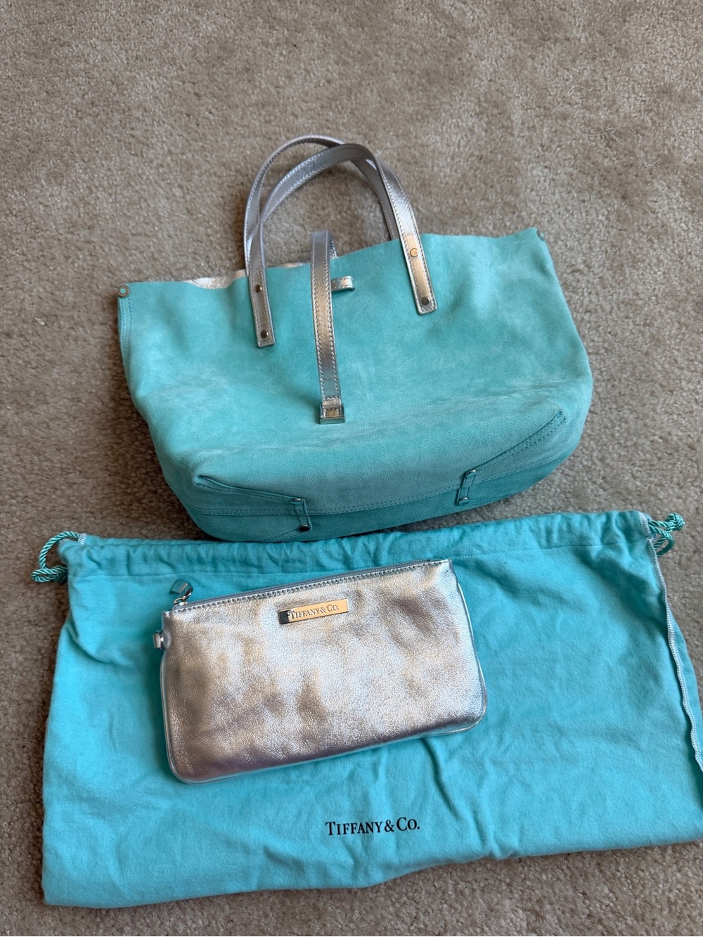 💯 authentic Tiffany & Co. reversible suede a tote with silver leather handles